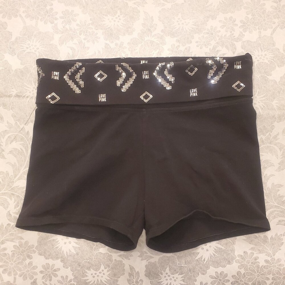 Y2K Victorias Secret Pink Yoga Foldover Shorts Black Silver Sequins Bling Medium